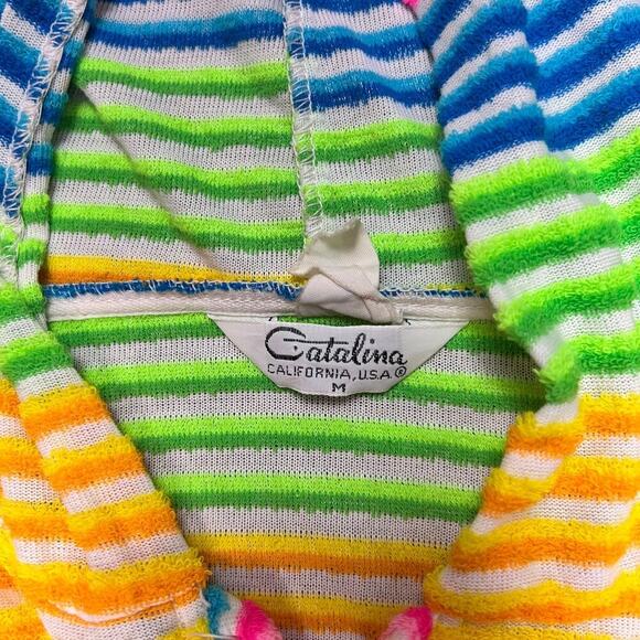 Vintage 70's Rainbow Striped Hoodie Terrycloth Beach Coverup Medium Catalina Top - Picture 9 of 9